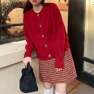 Plain Cardigan / Tweed Mini Skirt