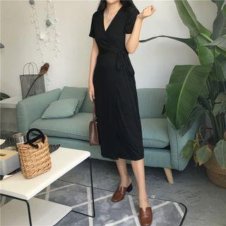 Wrap Front Short-sleeve A-line Midi Dress