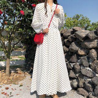 Polka Dot Long-sleeve A-line Midi Dress White - One Size