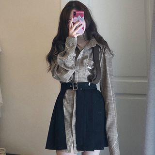 Set: Plaid Shirt Dress + Pleated Skirt