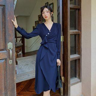 Long-sleeve V-neck Tie Waist Plain Dress