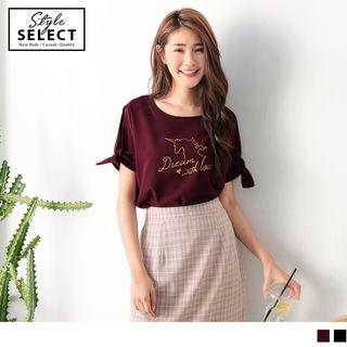 Tie-cuff Unicorn Printed Round Neck Top