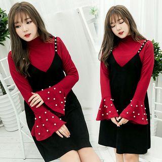 Set: Faux Pearl Accent Bell-sleeve Top + Spaghetti Strap Mini Pinafore Dress