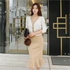 Set: Contrast-trim Cardigan + Ruffle-hem Long Skirt