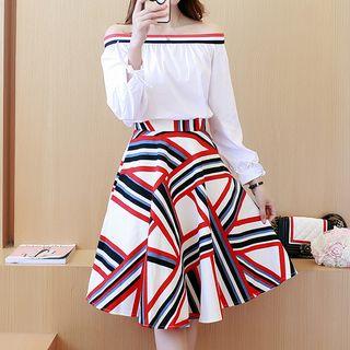 Stripe Panel Off-shoulder Mock Two-piece Dress