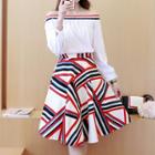 Stripe Panel Off-shoulder Mock Two-piece Dress