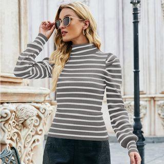 Mock-neck Striped Ribbed Knit Top