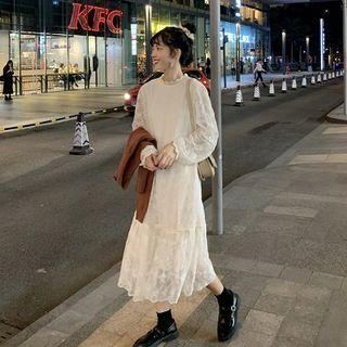 Plain Crewneck Lace Loose-fit Long-sleeve Dress