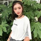 Striped Panel Letter Embroidered Short Sleeve T-shirt