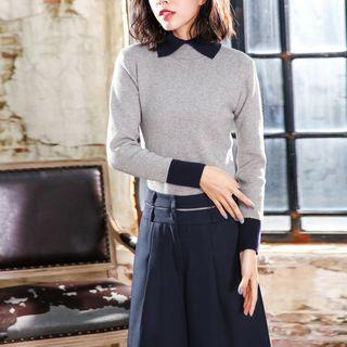 Set: Long-sleeve Collared Knit Top + Wide-leg Pants