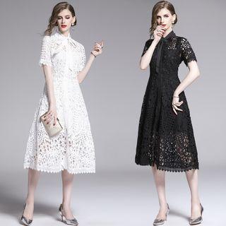 Short-sleeve Perforated Lace A-line Midi Dress