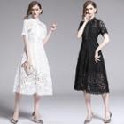 Short-sleeve Perforated Lace A-line Midi Dress