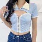 Short-sleeve Collar Lace Trim Cutout Zip-up Crop Top