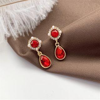 Rhinestone & Faux Pearl Drop Earring 1 Pair - Gold & Red - One Size