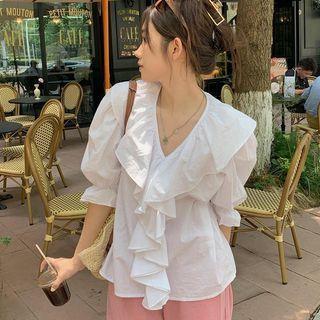 Elbow-sleeve Ruffle Trim Blouse White - One Size