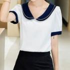 Two-tone Collared Short-sleeve Chiffon Blouse