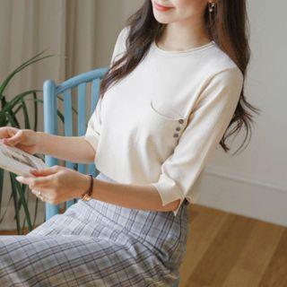 Pocket-front Slit-sleeve Knit Top