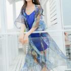 Set : Print Short-sleeve Chiffon Dress + Light Jacket