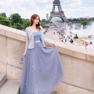 Set: Light Cardigan + Camisole + Maxi Mesh Skirt