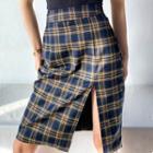 High-waist Plaid Slit Midi Pencil Skirt