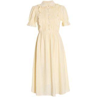 Short-sleeve Collared Shirred Frill Print Midi A-line Dress
