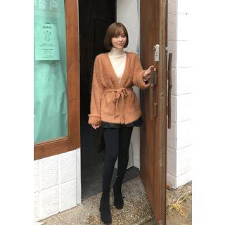 Fluffy Knit Open Cardigan With Sash