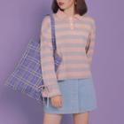 Striped Long-sleeve Polo Shirt Stripes - Pink & Gray - One Size