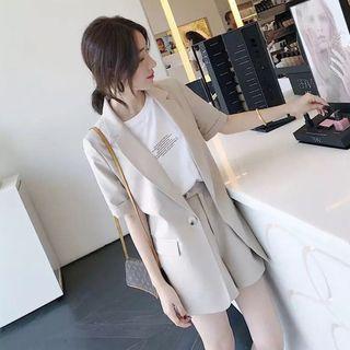 Set: Single-button Short-sleeve Blazer + High-waist Shorts