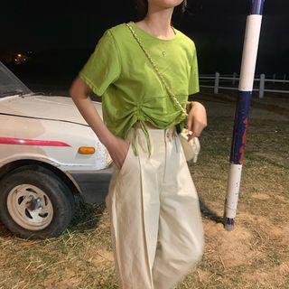 Short-sleeve Drawstring Plain T-shirt / Wide-leg Plaid Pants