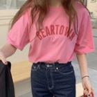 Elbow Sleeve Lettering Print Oversized T-shirt Creamy Pink - One Size