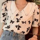 Short-sleeve Bow Print Lace Collar Blouse