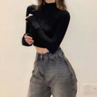 Long-sleeve Mock-neck Plain Cropped T-shirt