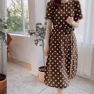 Round-neck Tie-waist Dotted Midi Dress