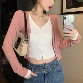 Long-sleeve Mock Two-piece Button-up Top