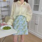Long-sleeve Plain Shirt / Floral Mini Skirt