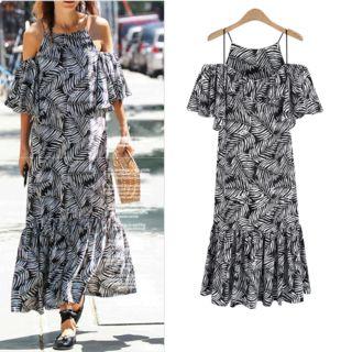 Cold-shoulder Elbow-sleeve Print Maxi Sundress