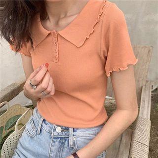 Short-sleeve Plain Lapel Wave Trim T-shirt