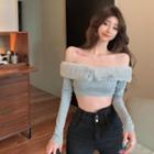 Off-shoulder Fluffy Panel Knit Crop Top Gray - One Size