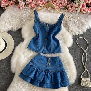 Set: Denim Camisole Top + Ruffle Trim Mini A-line Skort