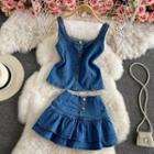 Set: Denim Camisole Top + Ruffle Trim Mini A-line Skort