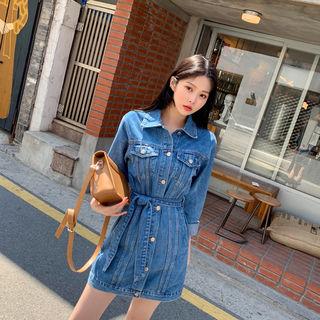 Seam-trim Denim Shirtdress With Sash Blue - One Size