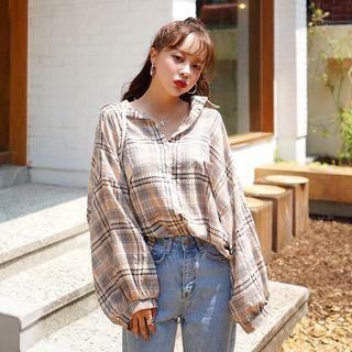 Balloon-sleeve Boxy-fit Plaid Shirt