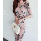 3/4-sleeve Floral Print Wrap-front Dress