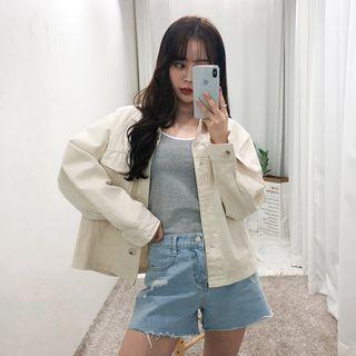 Pocket-detail Cotton Jacket Light Beige - One Size