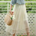 Midi A-line Mesh Skirt Beige - One Size