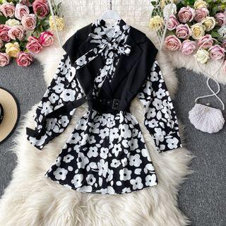 Set: Flower Print Long-sleeve Mini A-line Dress + V-neck Vest