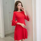 Flare-sleeve Bow-accent A-line Dress