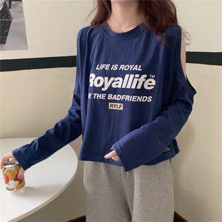 Lettering Long-sleeve Cold-shoulder T-shirt