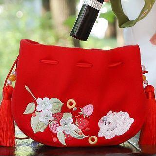 Rabbit Embroidered Tassel Crossbody Bag White Rabbit - Red - One Size