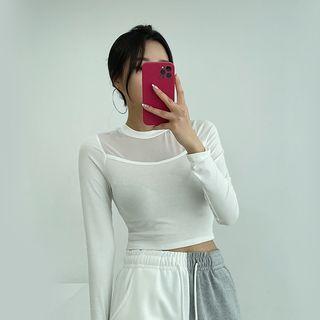 Round-neck Sheer-yoke Crop Top